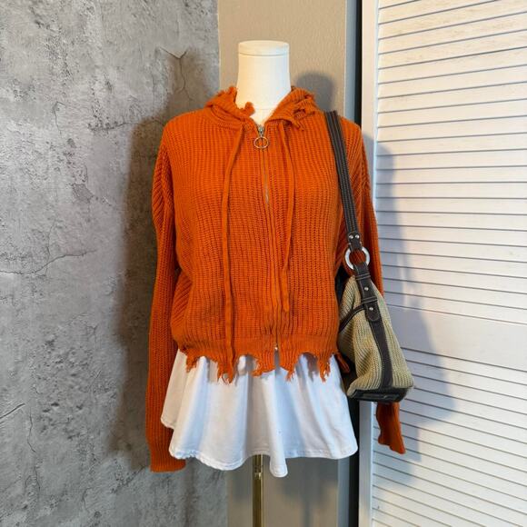 Orange Distressed Cream Knit Zip Up Hoodie - Picture 2 of 7